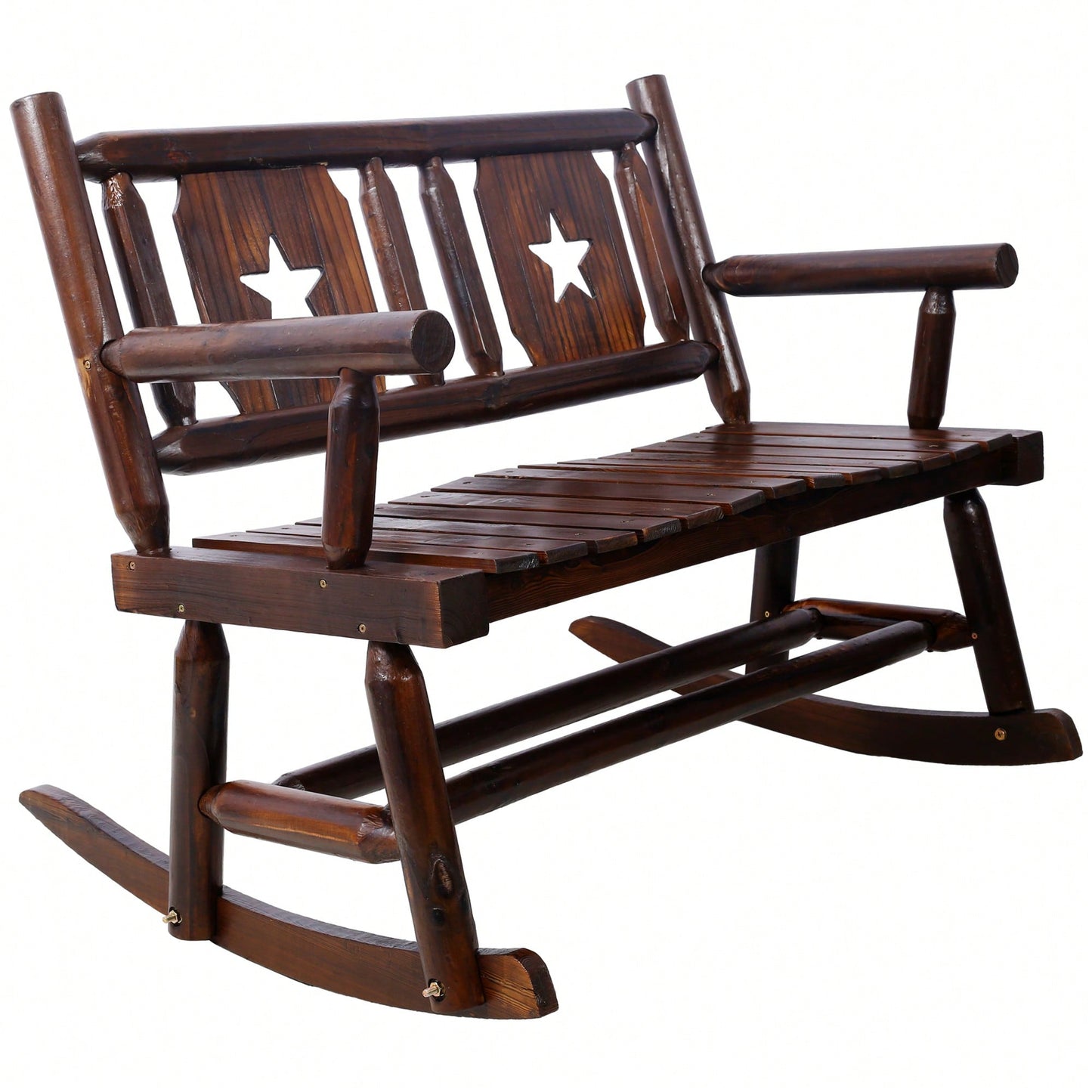 Carbonized Double Rocking Chair For 2 With Wide Curved Seat Ideal For Porch Garden And Backyard Rustic Brown Finish