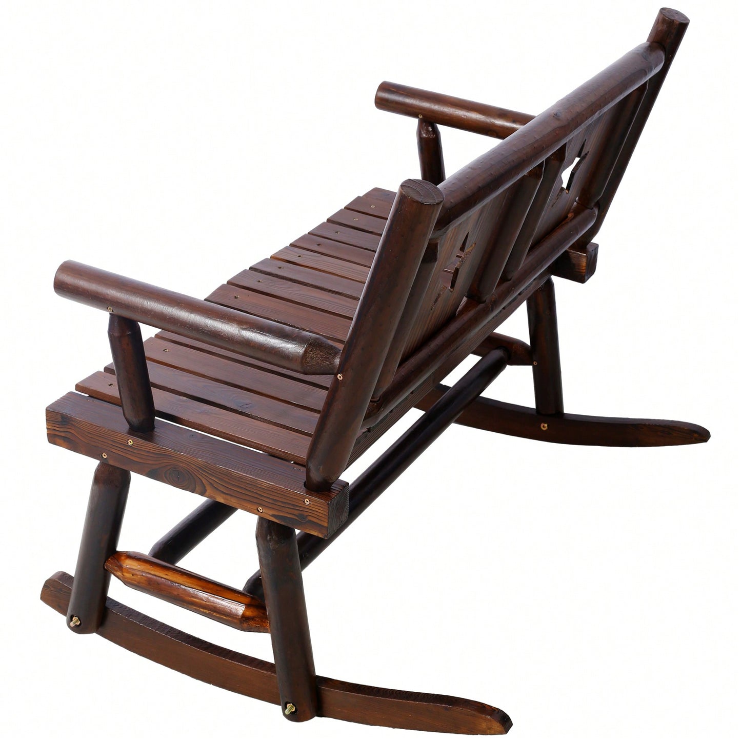 Carbonized Double Rocking Chair For 2 With Wide Curved Seat Ideal For Porch Garden And Backyard Rustic Brown Finish