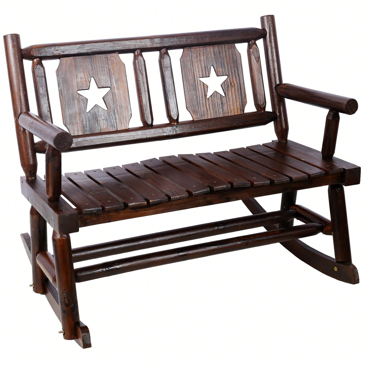 Carbonized Double Rocking Chair For 2 With Wide Curved Seat Ideal For Porch Garden And Backyard Rustic Brown Finish