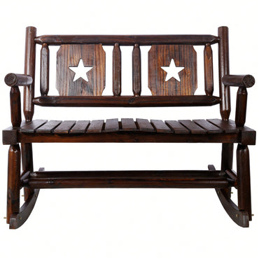 Carbonized Double Rocking Chair For 2 With Wide Curved Seat Ideal For Porch Garden And Backyard Rustic Brown Finish