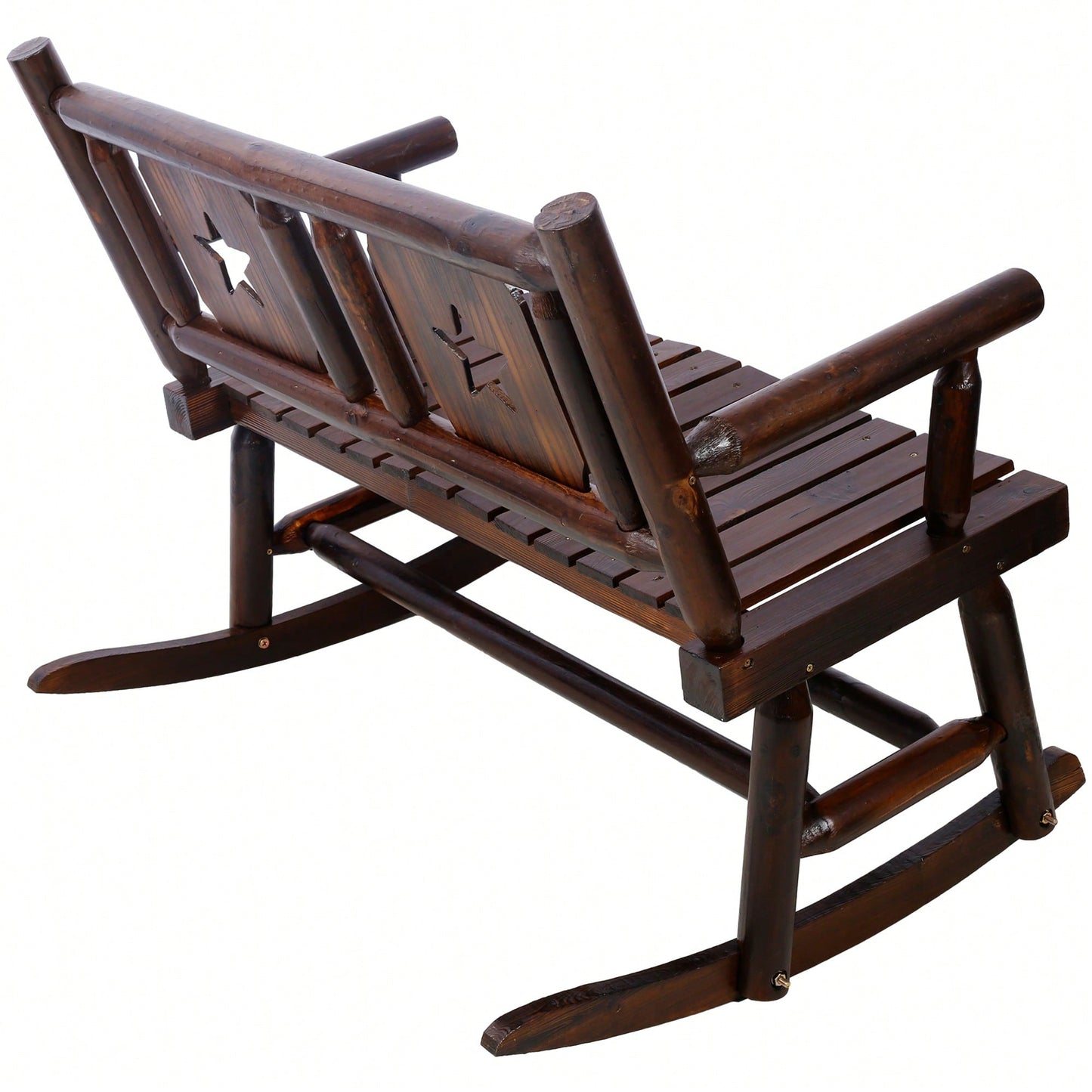 Carbonized Double Rocking Chair For 2 With Wide Curved Seat Ideal For Porch Garden And Backyard Rustic Brown Finish