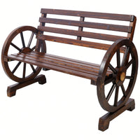 Rustic Wooden Wagon Wheel Bench For Outdoor Patio Garden With Slatted Seat And Backrest - Brown