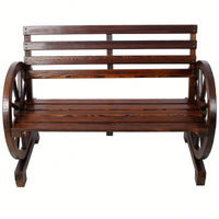Rustic Wooden Wagon Wheel Bench For Outdoor Patio Garden With Slatted Seat And Backrest - Brown