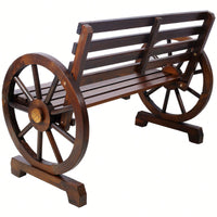 Rustic Wooden Wagon Wheel Bench For Outdoor Patio Garden With Slatted Seat And Backrest - Brown