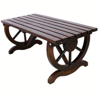 Rustic Wooden Outdoor Bench With Wagon Wheel Legs For Garden Patio Lawn And Porch Seating For Two