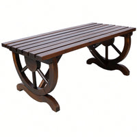 Rustic Wooden Outdoor Bench With Wagon Wheel Legs For Garden Patio Lawn And Porch Seating For Two
