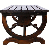 Rustic Wooden Outdoor Bench With Wagon Wheel Legs For Garden Patio Lawn And Porch Seating For Two