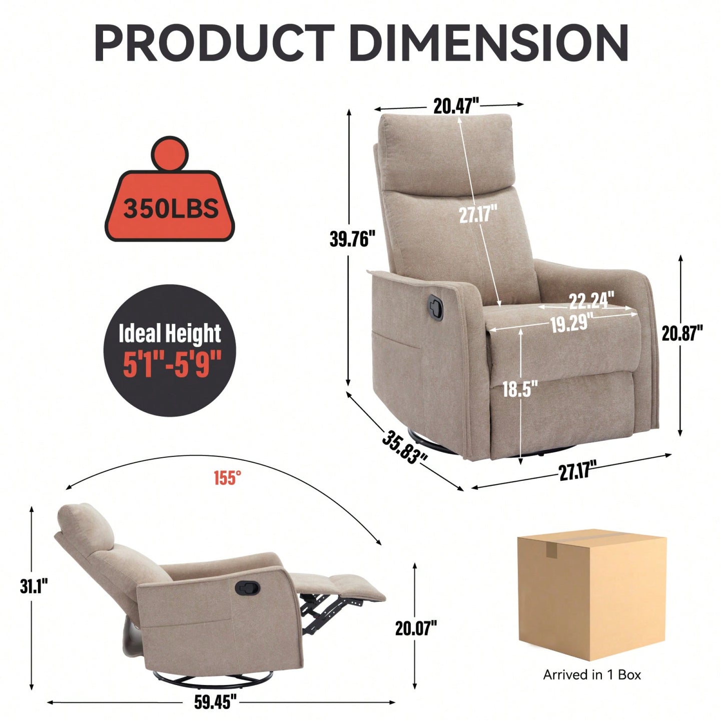 Heat And Massage Fabric Recliner Chair With Rocker And Swivel For Living Room In Orange