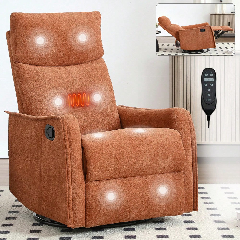 Heat And Massage Fabric Recliner Chair With Rocker And Swivel For Living Room In Orange