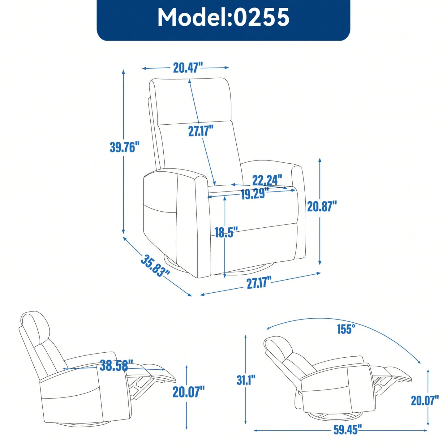 Heat And Massage Fabric Recliner Chair With Rocker And Swivel For Living Room In Orange