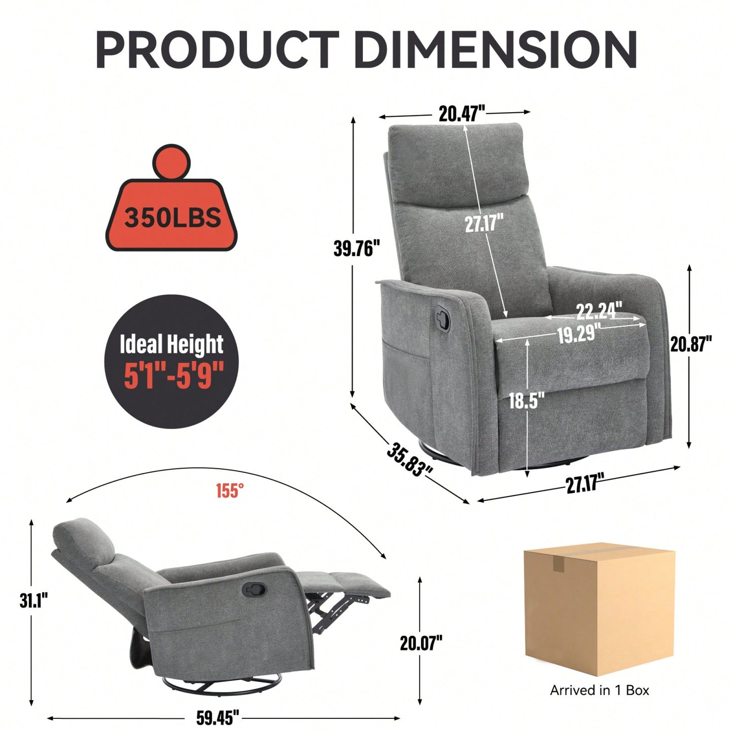 Heat And Massage Fabric Recliner Chair With Rocker And Swivel For Living Room In Orange