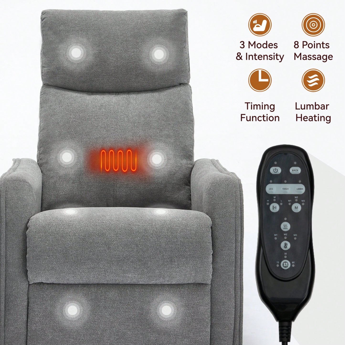 Heat And Massage Fabric Recliner Chair With Rocker And Swivel For Living Room In Orange