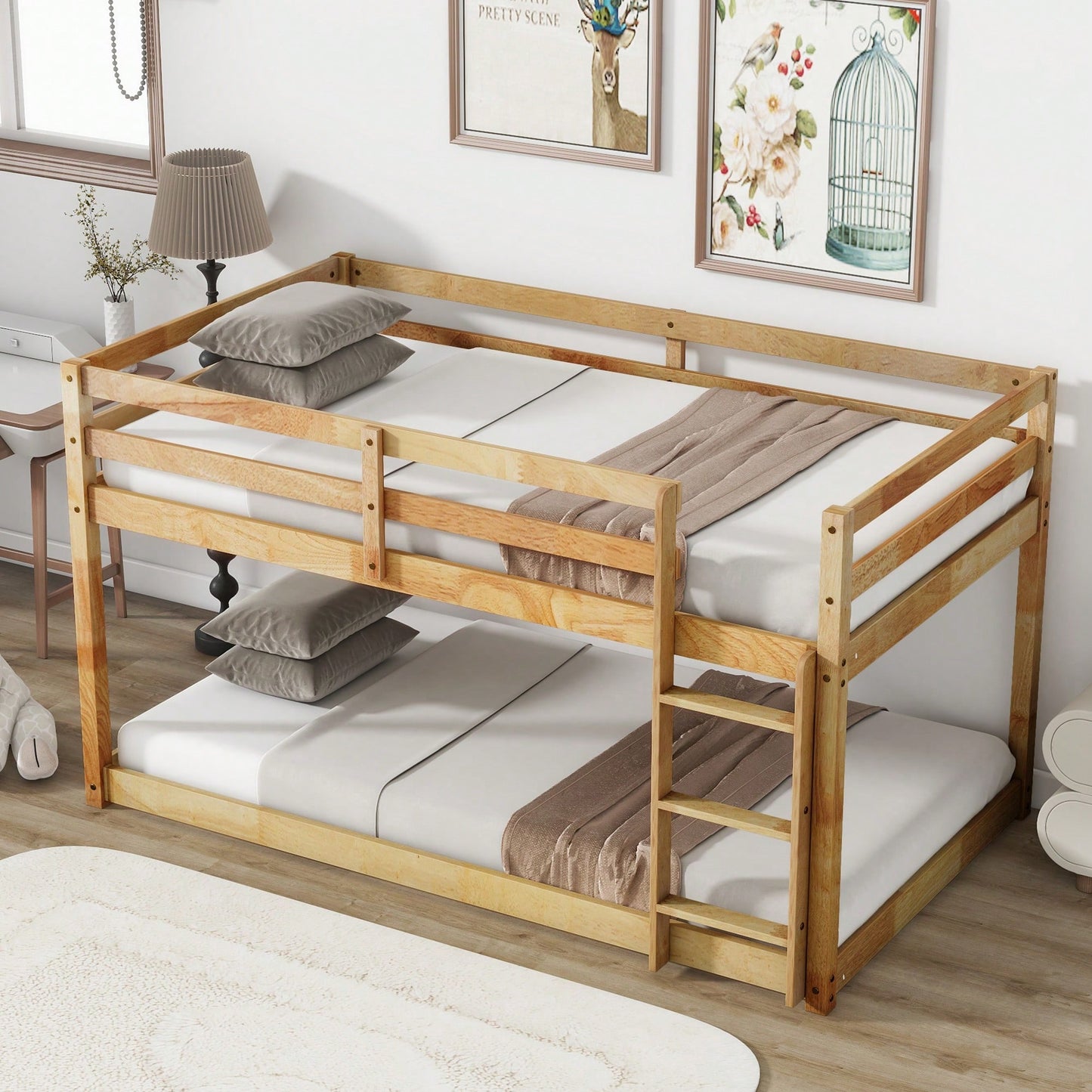 Twin Over Twin Solid Wood Loft Bed With Sturdy Slatted Platform And Ladder In Grey Finish