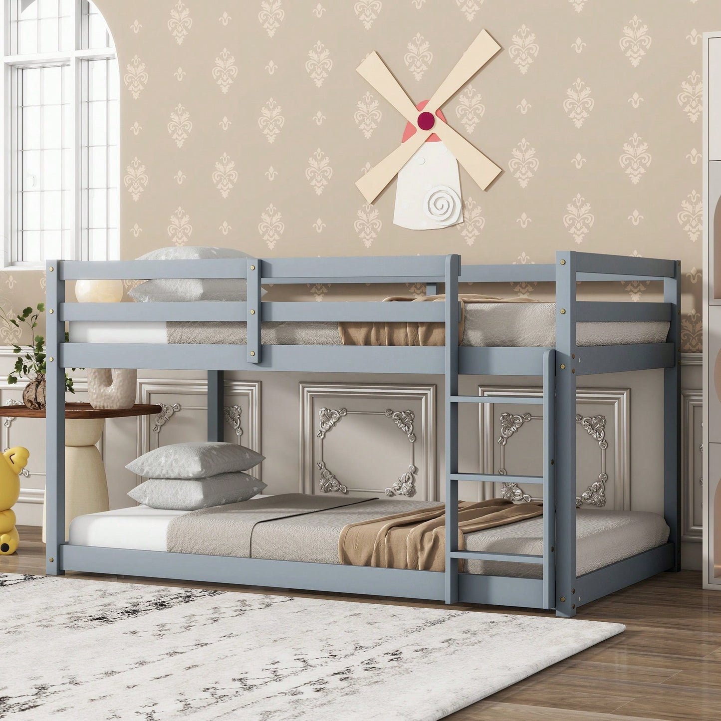 Twin Over Twin Solid Wood Loft Bed With Sturdy Slatted Platform And Ladder In Grey Finish