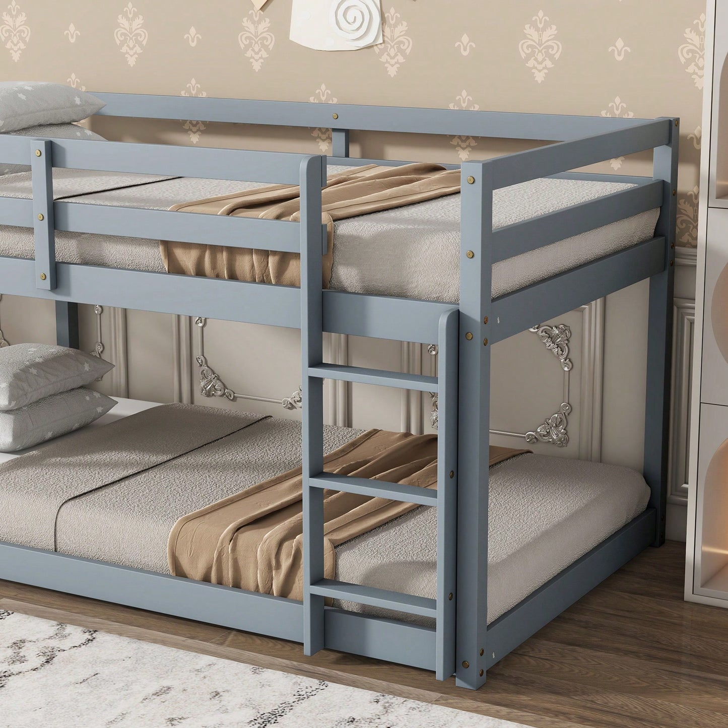 Twin Over Twin Solid Wood Loft Bed With Sturdy Slatted Platform And Ladder In Grey Finish