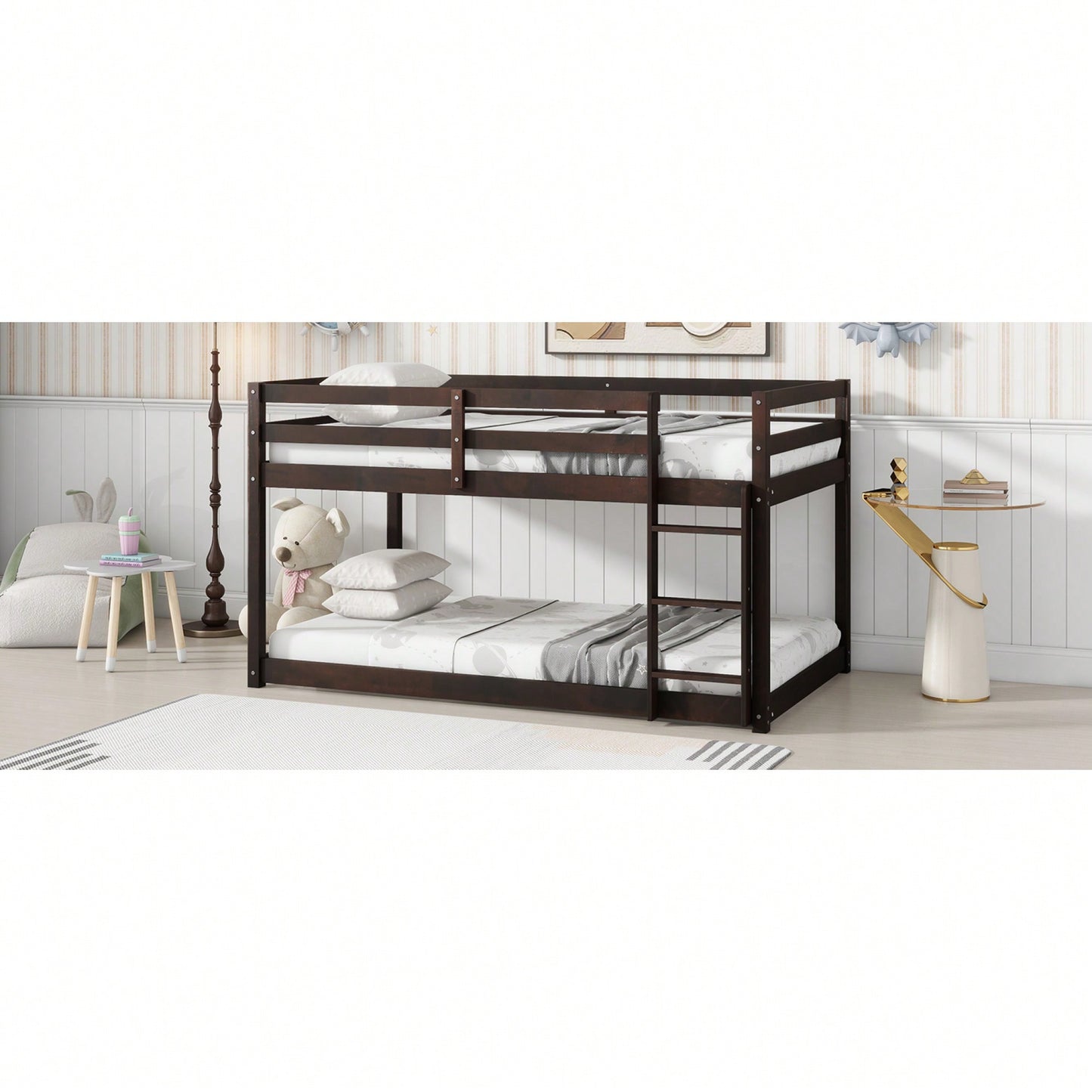 Twin Over Twin Solid Wood Loft Bed With Sturdy Slatted Platform And Ladder In Grey Finish