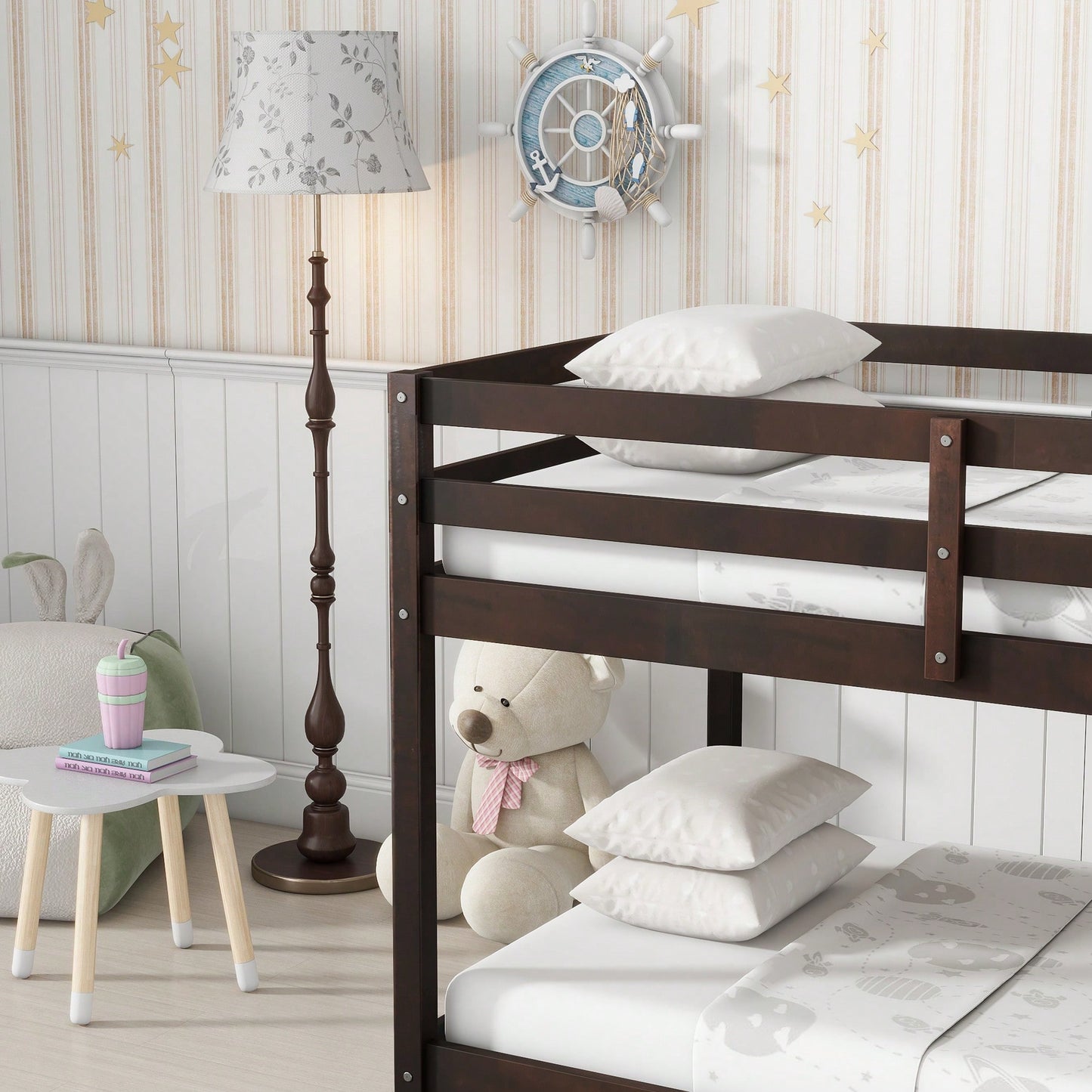 Twin Over Twin Solid Wood Loft Bed With Sturdy Slatted Platform And Ladder In Grey Finish