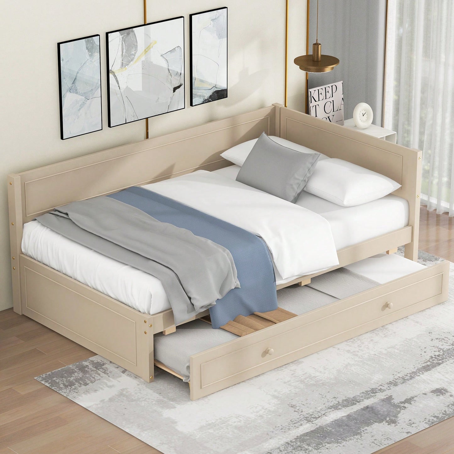 Twin Size Wooden Daybed With Trundle And Safety Guardrail For Space-Saving Comfort Beige