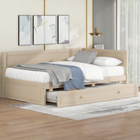 Twin Size Wooden Daybed With Trundle And Safety Guardrail For Space-Saving Comfort Beige