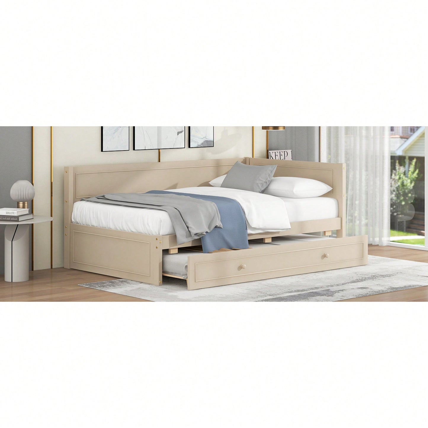 Twin Size Wooden Daybed With Trundle And Safety Guardrail For Space-Saving Comfort Beige