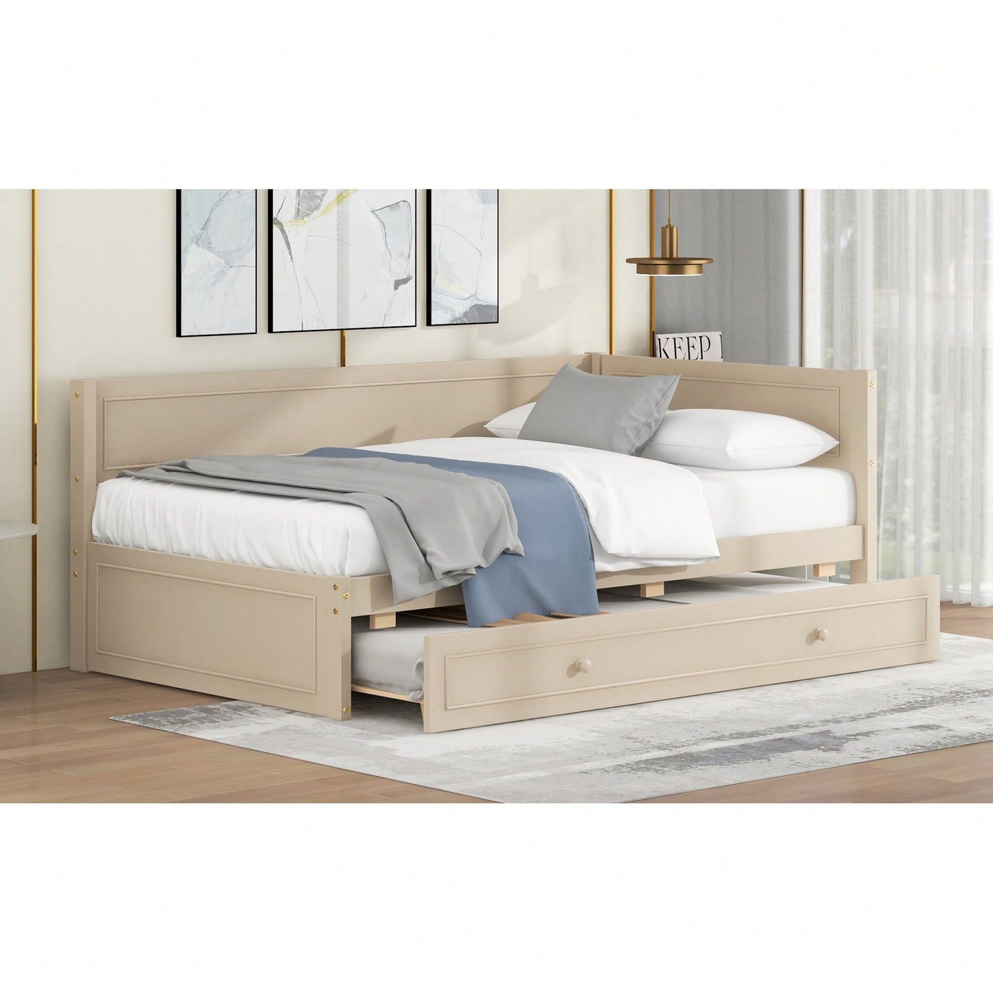 Twin Size Wooden Daybed With Trundle And Safety Guardrail For Space-Saving Comfort Beige