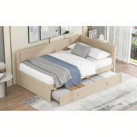 Twin Size Wooden Daybed With Trundle And Safety Guardrail For Space-Saving Comfort Beige