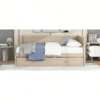 Twin Size Wooden Daybed With Trundle And Safety Guardrail For Space-Saving Comfort Beige