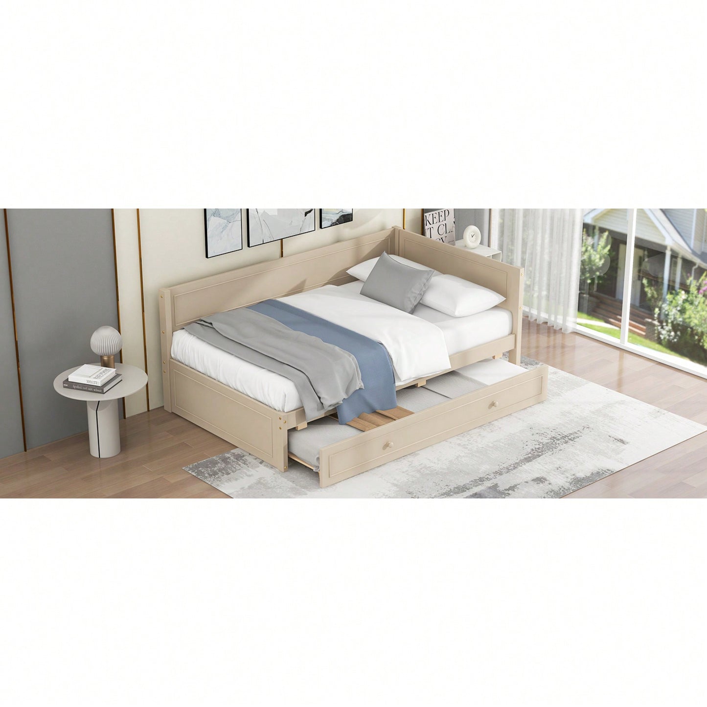 Twin Size Wooden Daybed With Trundle And Safety Guardrail For Space-Saving Comfort Beige