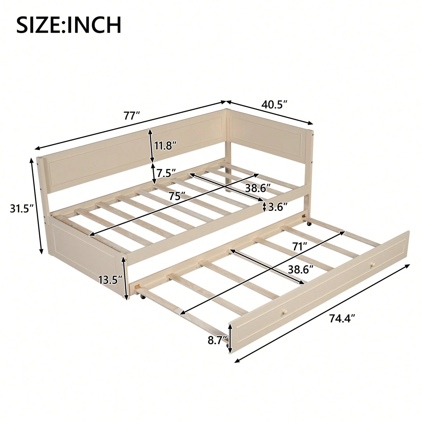 Twin Size Wooden Daybed With Trundle And Safety Guardrail For Space-Saving Comfort Beige