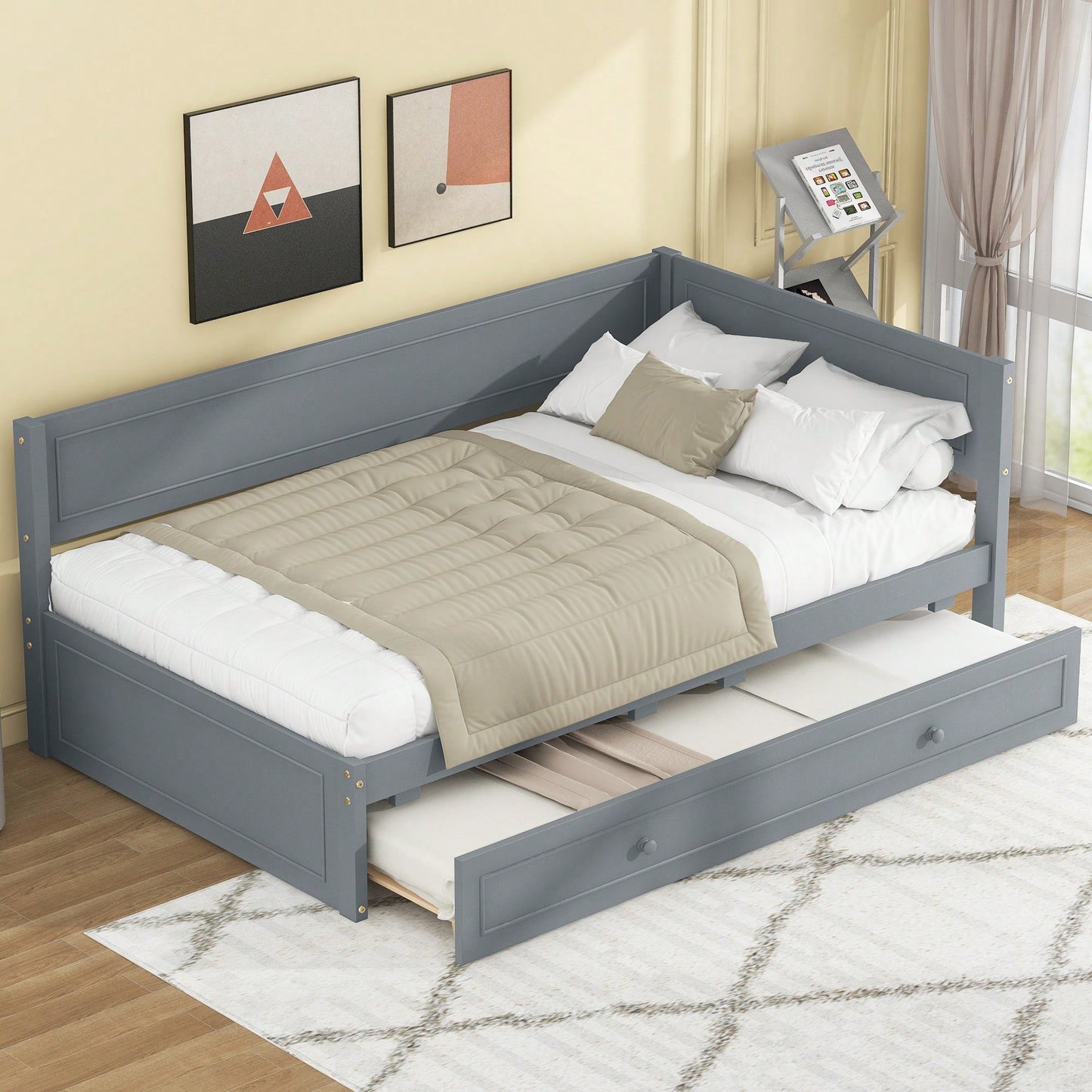 Twin Size Wooden Daybed With Trundle And Safety Guardrail For Space-Saving Comfort Beige