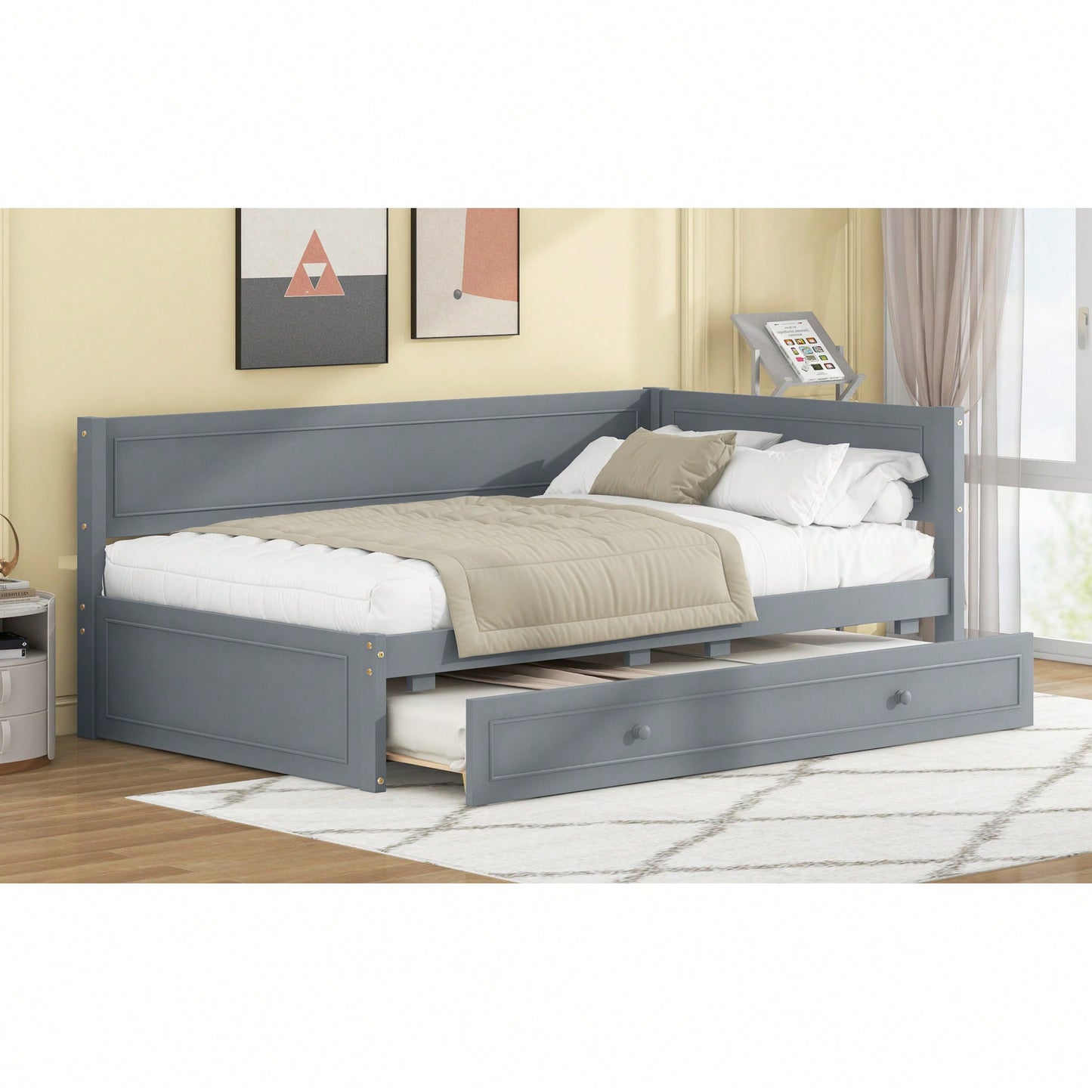 Twin Size Wooden Daybed With Trundle And Safety Guardrail For Space-Saving Comfort Beige