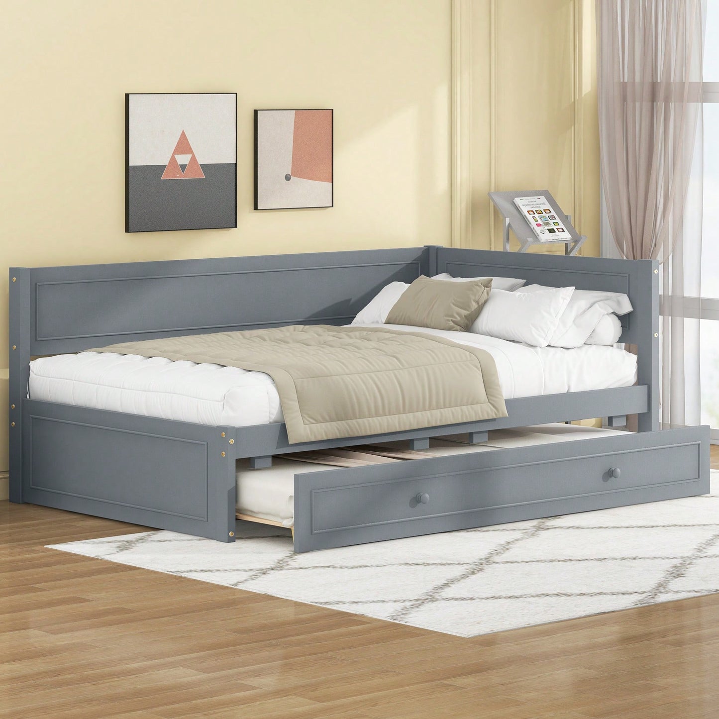 Twin Size Wooden Daybed With Trundle And Safety Guardrail For Space-Saving Comfort Beige