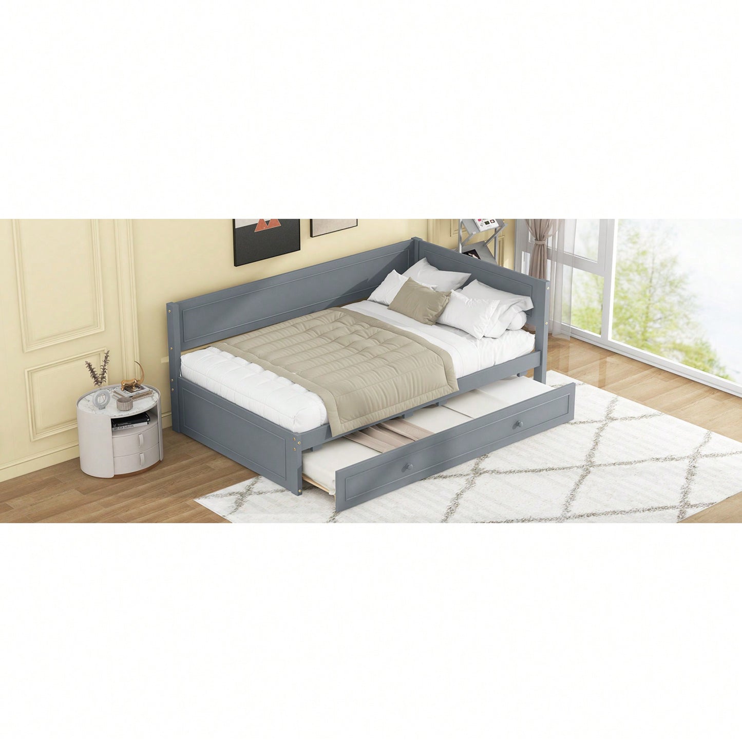 Twin Size Wooden Daybed With Trundle And Safety Guardrail For Space-Saving Comfort Beige