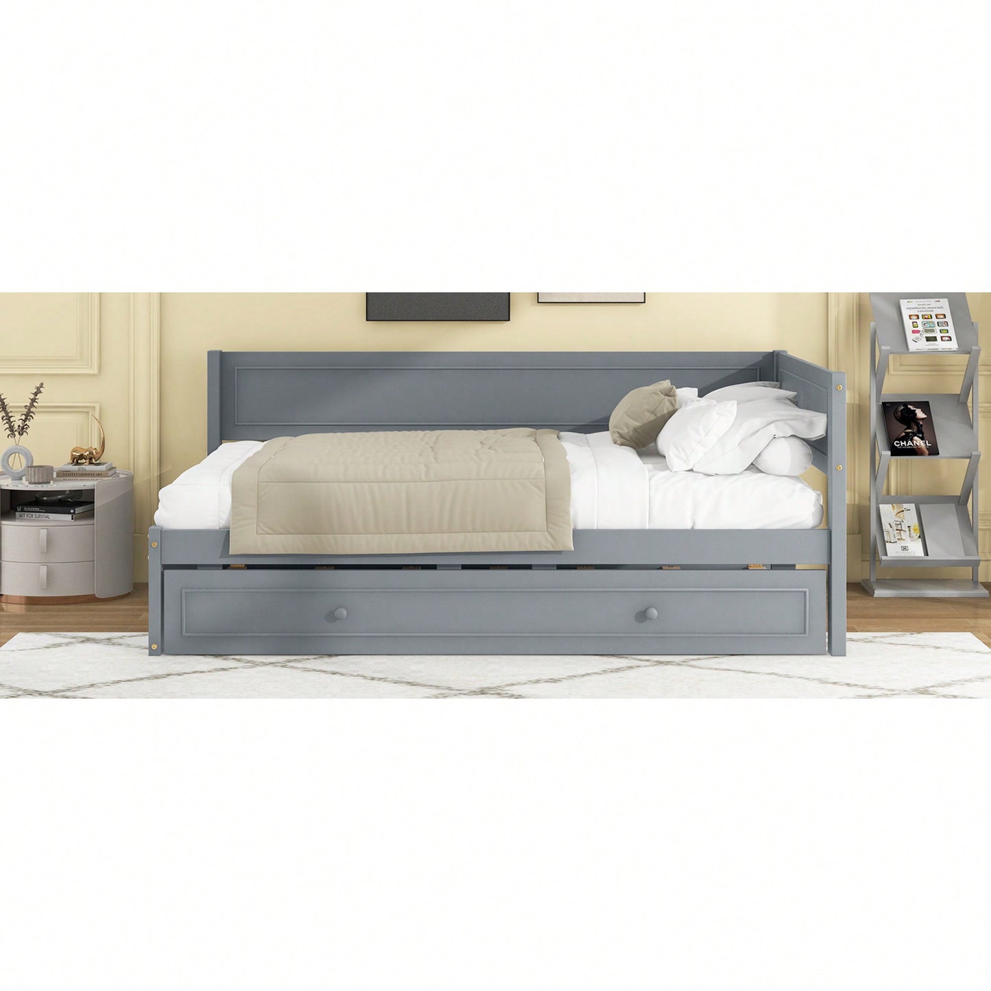 Twin Size Wooden Daybed With Trundle And Safety Guardrail For Space-Saving Comfort Beige