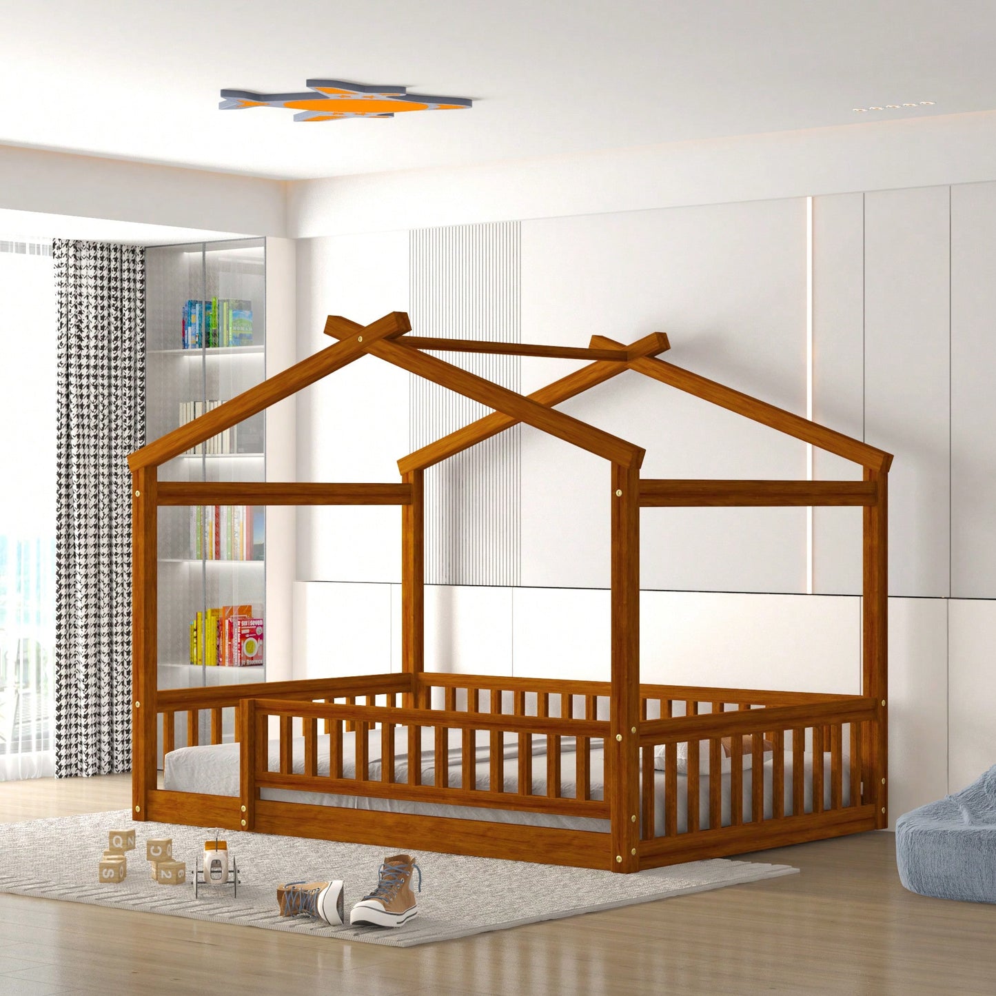 Full Size Wooden House Bed Frame With Safety Fence For Kids And Teens In White