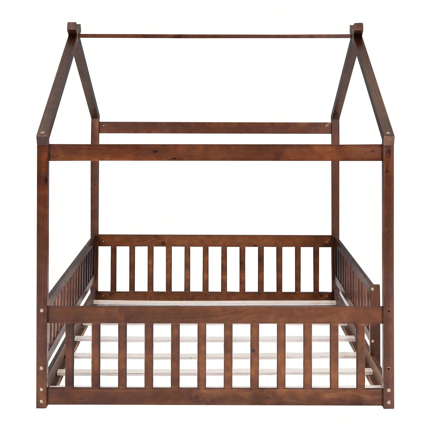 Full Size Wooden House Bed Frame With Safety Fence For Kids And Teens In White