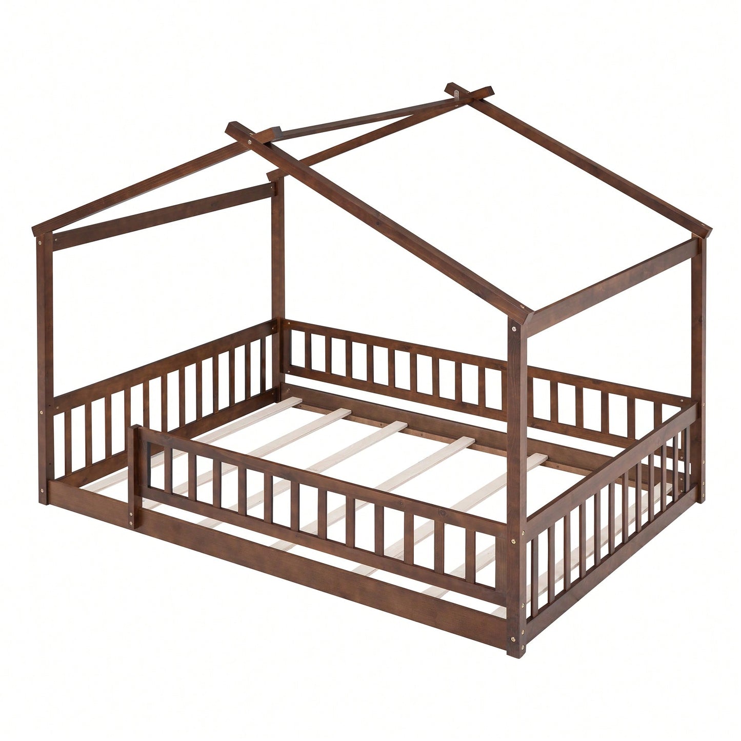 Full Size Wooden House Bed Frame With Safety Fence For Kids And Teens In White