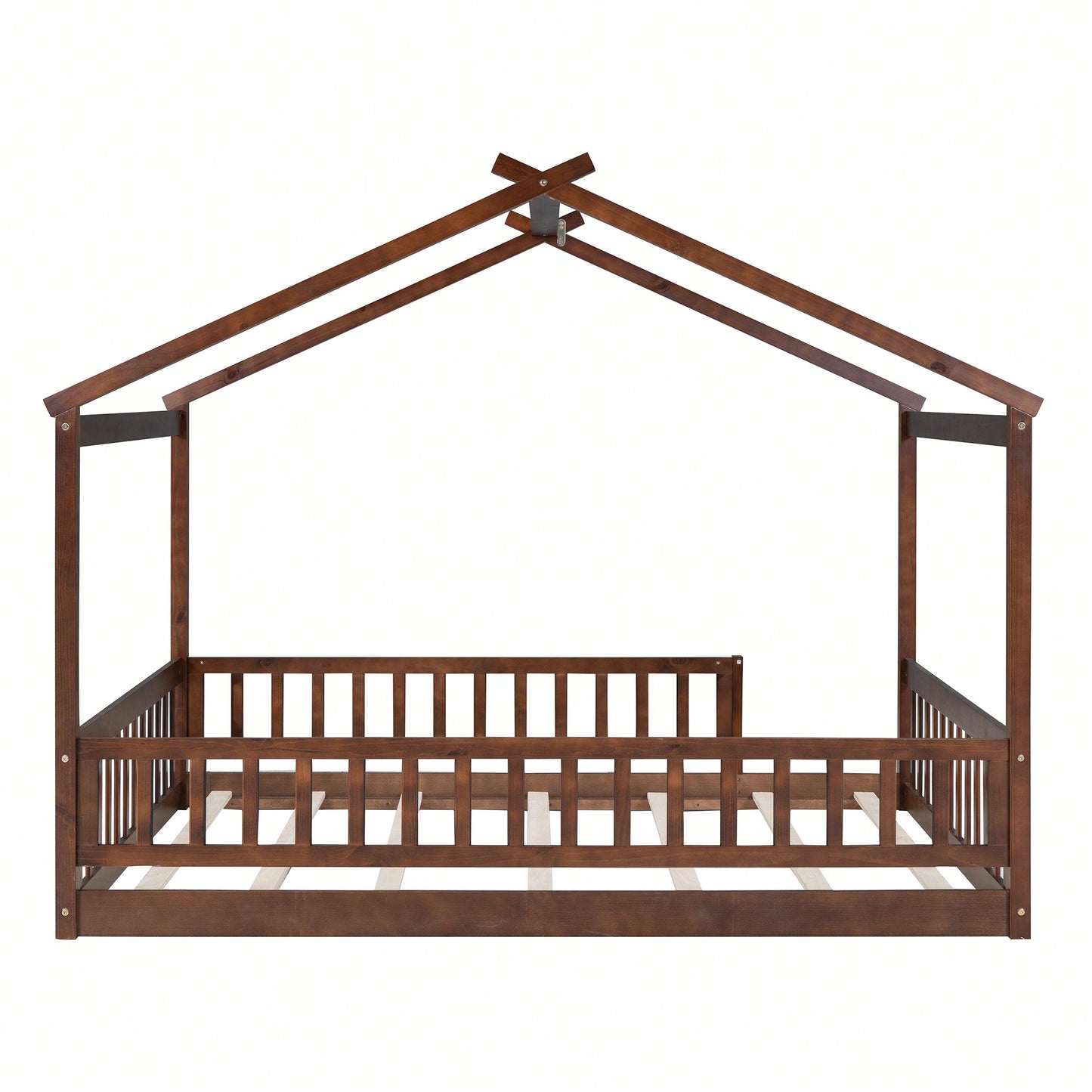 Full Size Wooden House Bed Frame With Safety Fence For Kids And Teens In White