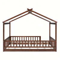 Full Size Wooden House Bed Frame With Safety Fence For Kids And Teens In White