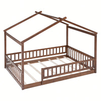 Full Size Wooden House Bed Frame With Safety Fence For Kids And Teens In White