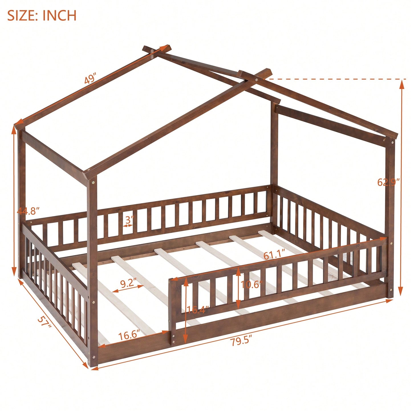 Full Size Wooden House Bed Frame With Safety Fence For Kids And Teens In White