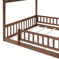 Full Size Wooden House Bed Frame With Safety Fence For Kids And Teens In White