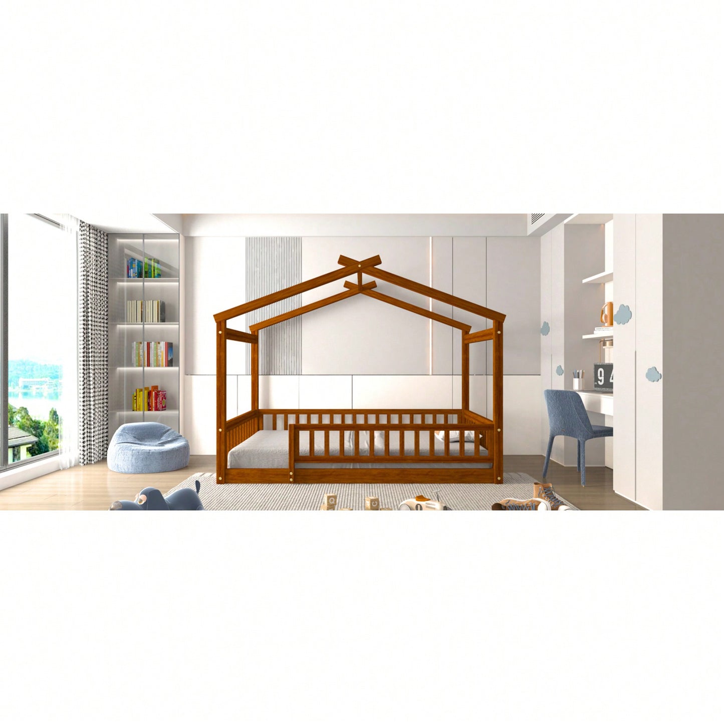 Full Size Wooden House Bed Frame With Safety Fence For Kids And Teens In White