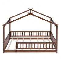 Full Size Wooden House Bed Frame With Safety Fence For Kids And Teens In White