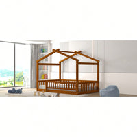 Full Size Wooden House Bed Frame With Safety Fence For Kids And Teens In White