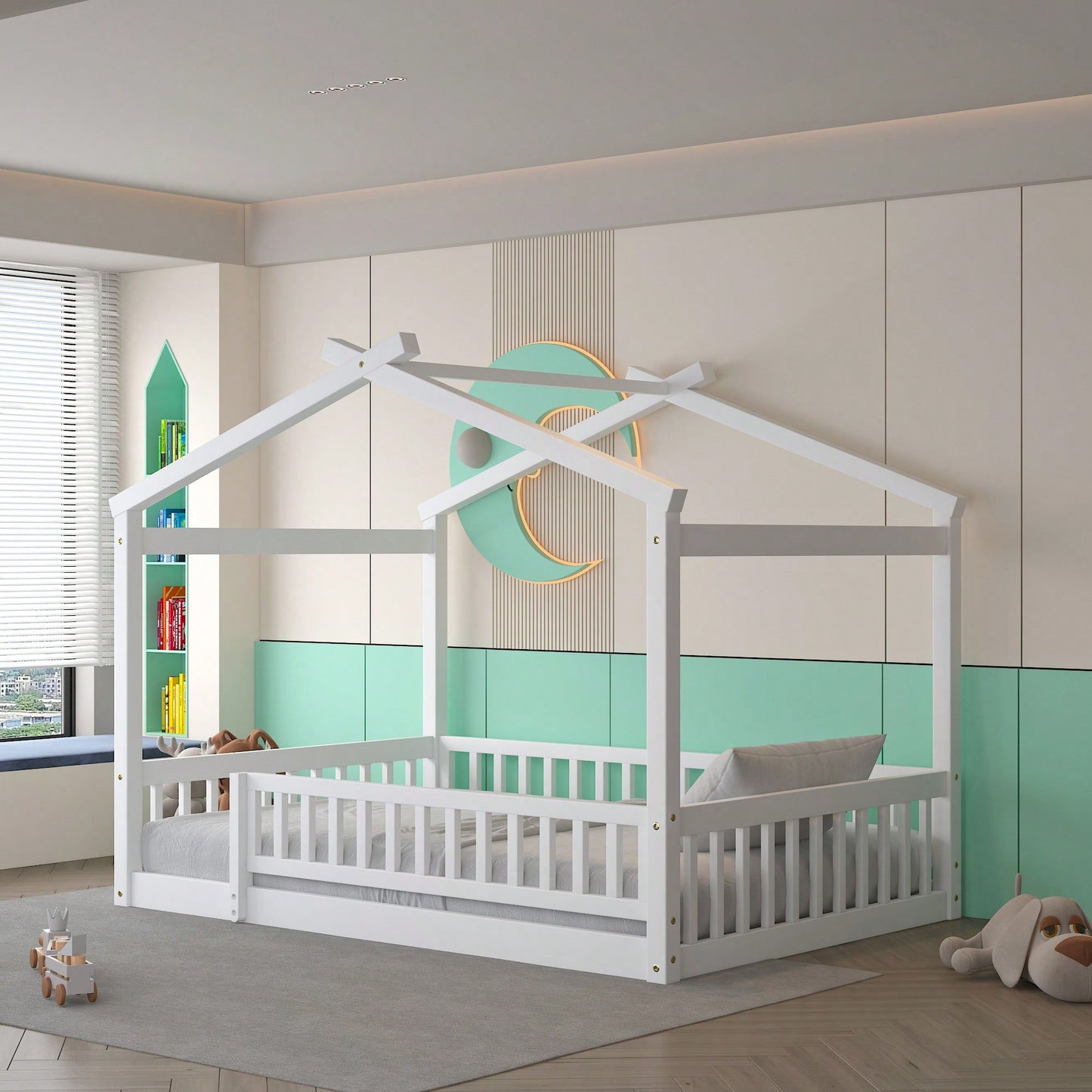 Full Size Wooden House Bed Frame With Safety Fence For Kids And Teens In White