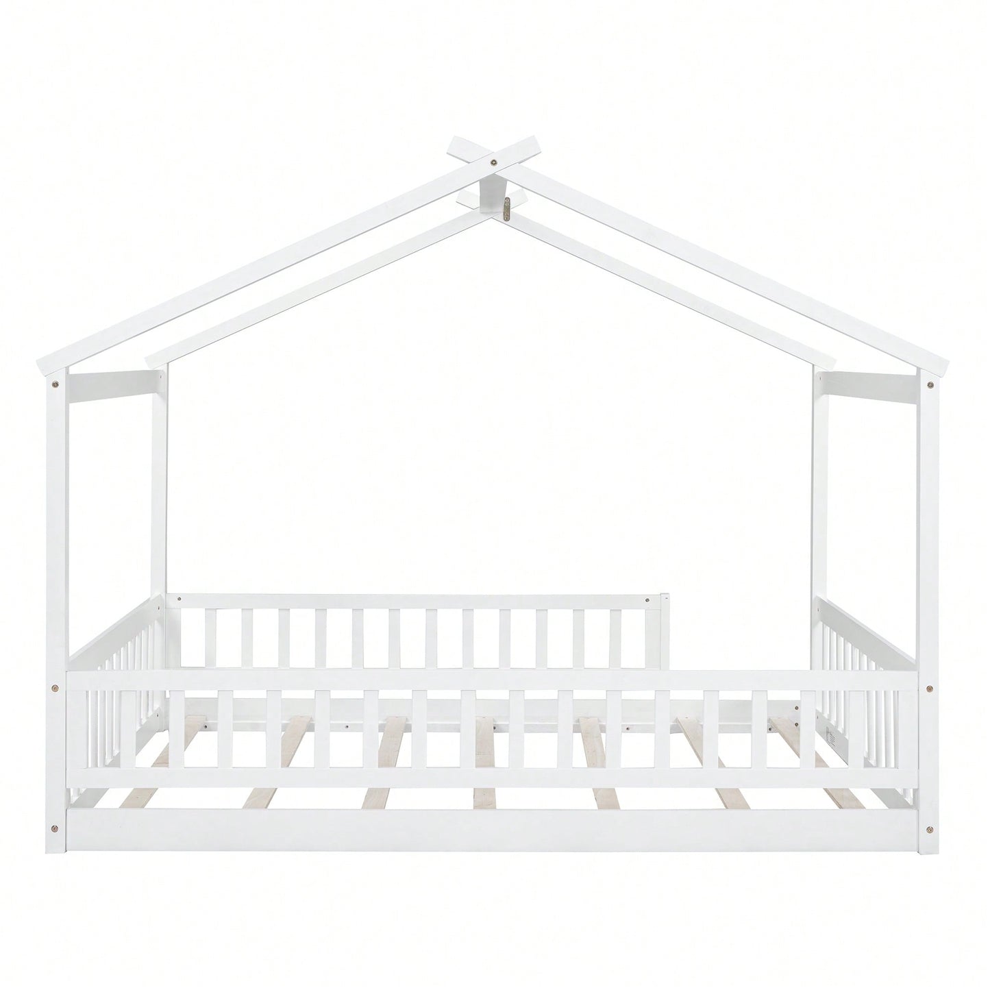 Full Size Wooden House Bed Frame With Safety Fence For Kids And Teens In White