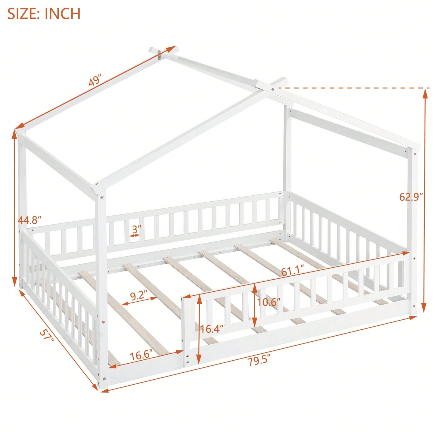 Full Size Wooden House Bed Frame With Safety Fence For Kids And Teens In White