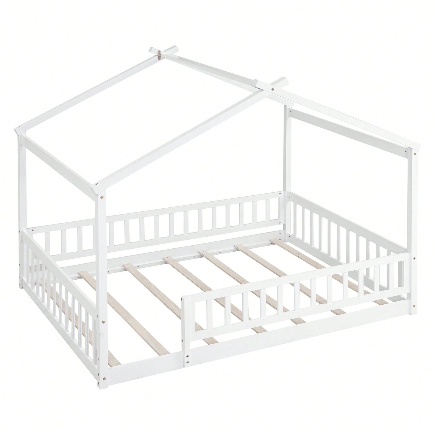 Full Size Wooden House Bed Frame With Safety Fence For Kids And Teens In White