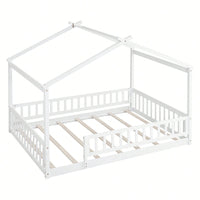 Full Size Wooden House Bed Frame With Safety Fence For Kids And Teens In White